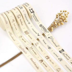 Cinta para envolver regalos de etiquetas "hechas a mano" de algodón beige de 5 metros para artículos hechos a mano, manualidades y accesorios de costura DIY, 15 mm/suministros para manualidades DIY