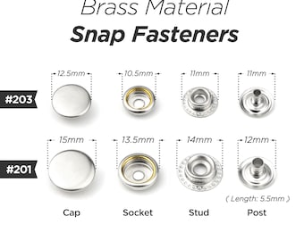 30sets Brass Material Snap Fastener Press Studs Snaps Button Popper 12.5mm #203, 15mm #201 | Craft Supplies DIY