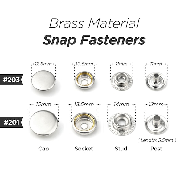 30sets Brass Material Snap Fastener Press Studs Snaps Button Popper 12.5mm #203, 15mm #201 | Craft Supplies DIY