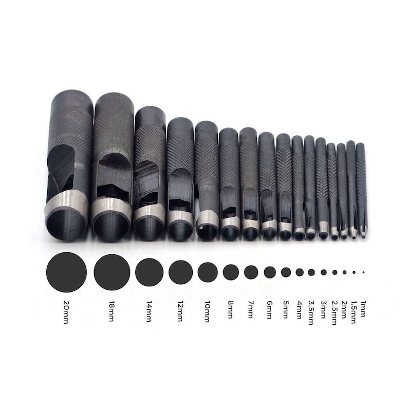 May include: A set of 16 black metal hole punch tools with different sizes ranging from 1mm to 20mm. The tools are arranged in order of size, with the largest tool on the left and the smallest tool on the right. The tools are used for punching holes in leather, fabric, and other materials.