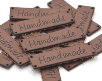 20 Stück Kaffee Handmade Motiv Kunstleder Label Tags für handgemachte Artikel 48x13mm | Bastelbedarf DIY