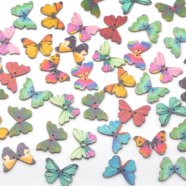 50 pcs Assortiment De Boutons En Bois Papillons Colorés Mélange Au Hasard À Coudre Des Boutons De Scrapbooking Pour L'artisanat 29x20mm | Fournitures créatives DIY