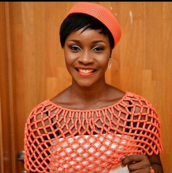 African Coral Bead Head Crown With Shoulder Cape African Etsy