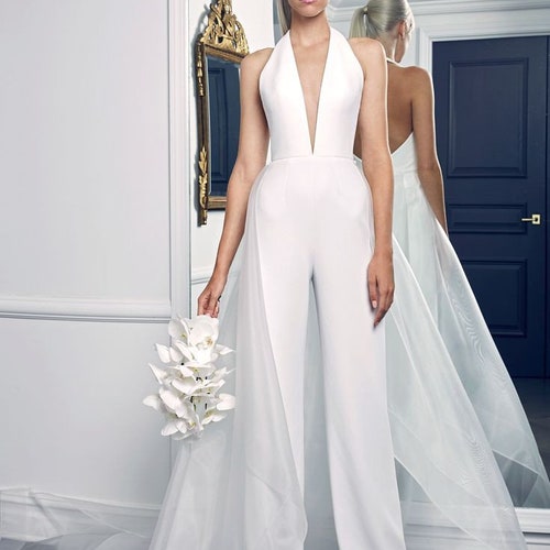 White Bridal Jumpsuit With Detachable Train Civil Wedding Etsy