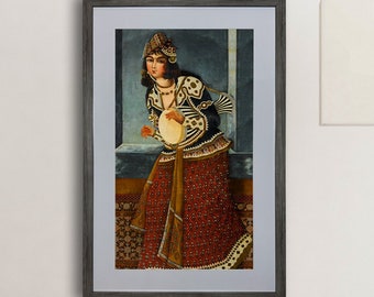 Miniature Persane - Peinture à La Gouache Faite Main - Femme Musicienne - 15,2x27,9cm