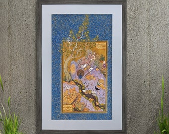 Framed Persian Miniature Painting: The Concourse of the Birds by Habiballah