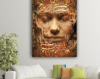 Quadro con calligrafia persiana / Ritratto femminile moderno su tela, ispirato alla poesia farsi