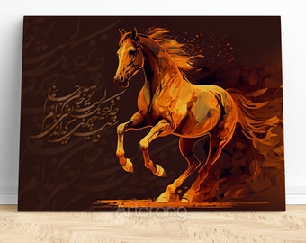 Impresión en lienzo del caballo con el poema de Rumi, arte caligráfico persa
