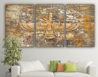 Multi set wall art of Faravahar symbol on Persian rug canvas print wall art, The ancient Zoroastrian of Iran, Persian home decor, Zartosht