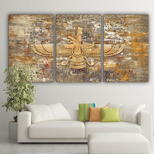 Multi set wall art of Faravahar symbol on Persian rug canvas print wall art, The ancient Zoroastrian of Iran, Persian home decor, Zartosht