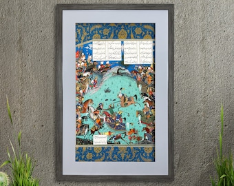 May include: A framed print of a Persian miniature painting depicting a battle scene with horses and warriors. The painting is set against a blue and green background with intricate floral details. The frame is gray and has a white mat.