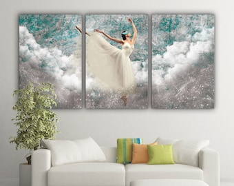 May include: A three-panel canvas print featuring a ballerina in a white dress dancing on a background of silver glitter and blue clouds.