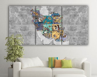 Shahnameh miniatures in Iran&#39;s map and Persian cuneiform, multi panel canvas print wall art, Persian miniature art, Persian home decor