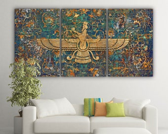 The Faravahar symbol on Persian carpet canvas print wall art, The ancient Zoroastrian of Iran, multi panel canvas print, Persian home decor