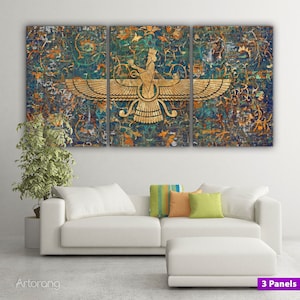 The Faravahar symbol on Persian carpet canvas print wall art, The ancient Zoroastrian of Iran, multi panel canvas print, Persian home decor