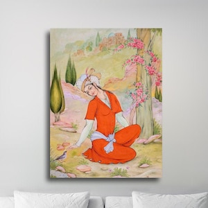 Girl in garden Persian miniature painting print painted by feet | Persian painting | Persian gift | Persian painting | Persian miniature