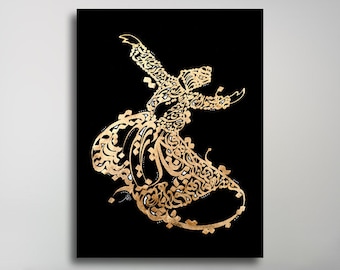 May include: A black and gold calligraphy art print featuring a stylized figure in a whirling pose. The figure is made up of intricate Arabic script.