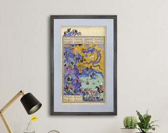 Zal Is Sighted by a Caravan, Persian miniature art from Shahnameh by Ferdowsi, available with frame and range of color options, Persian gift