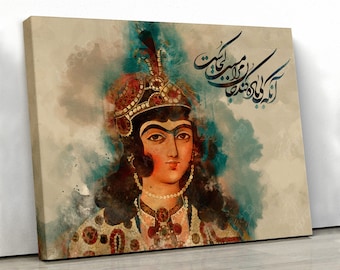 Impresión en lienzo de la chica Qajar / Poema de Rumi, arte caligráfico persa