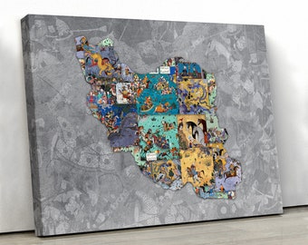May include: A colorful canvas print of the outline of Iran, made up of many smaller images. The background is a gray, textured surface.