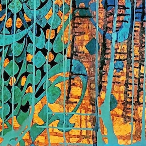 May include: Abstract art painting with a mix of teal, blue, black, and orange colors. The painting features a geometric pattern with overlapping lines and shapes.