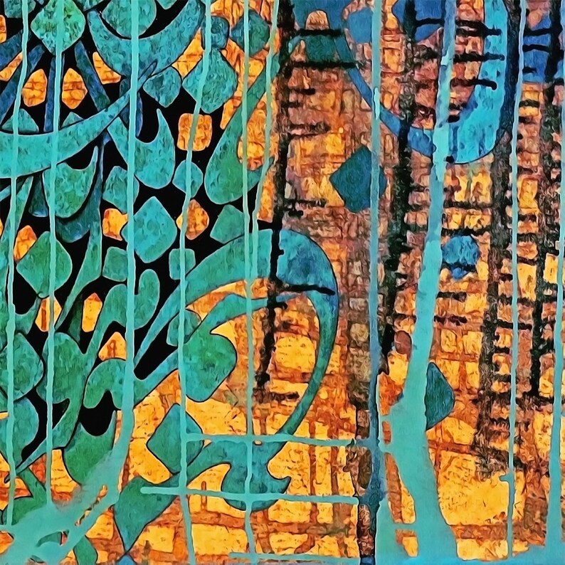 May include: Abstract art painting with a mix of teal, blue, black, and orange colors. The painting features a geometric pattern with overlapping lines and shapes.