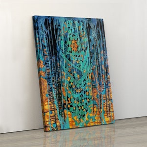 May include: Abstract art print featuring a blue, green, and gold design with intricate patterns and drips of paint.
