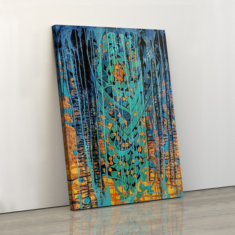 May include: Abstract art print featuring a blue, green, and gold design with intricate patterns and drips of paint.