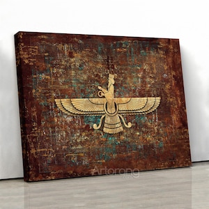 Faravahar symbol multi-panel canvas print, Ancient Zoroastrian Zartosht Persian wall art, Persian home decor, Iranian painting, Persian gift