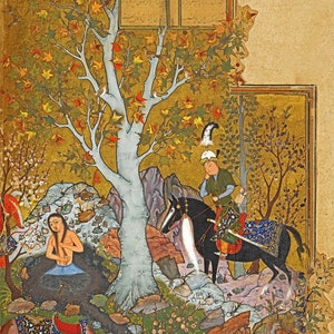 May include: A Persian miniature painting depicting a scene from a story. A man on horseback rides through a forest with a woman sitting in a pool of water. The painting is done in vibrant colors with intricate details.