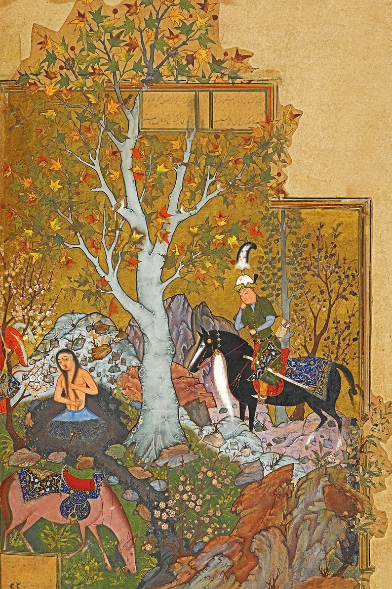 May include: A Persian miniature painting depicting a scene from a story. A man on horseback rides through a forest with a woman sitting in a pool of water. The painting is done in vibrant colors with intricate details.