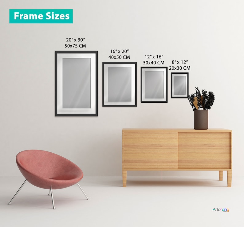 May include: Four black picture frames of different sizes hanging on a white wall. The frames are empty and have a white mat. The frame sizes are 20x30 inches, 16x20 inches, 12x16 inches, and 8x12 inches. The frames are displayed on a white wall with a light wood dresser and a pink chair in the foreground.