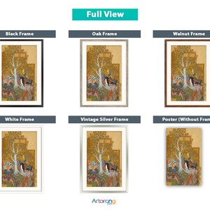 May include: A framed print of a traditional Persian miniature painting depicting a scene with a tree, a figure on horseback, and other figures. The print is available in various frame styles, including black, oak, walnut, white, and vintage silver, as well as a poster option without a frame.