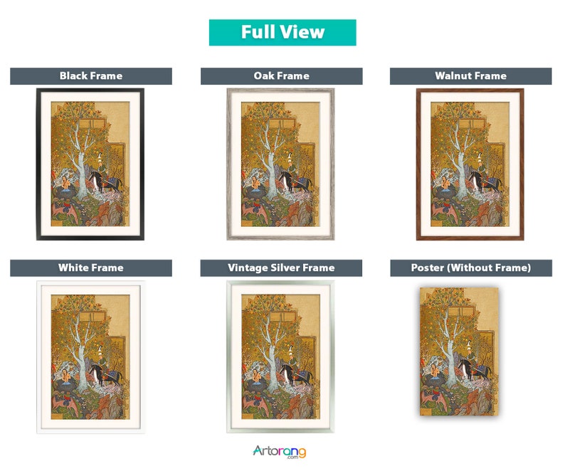 May include: A framed print of a traditional Persian miniature painting depicting a scene with a tree, a figure on horseback, and other figures. The print is available in various frame styles, including black, oak, walnut, white, and vintage silver, as well as a poster option without a frame.
