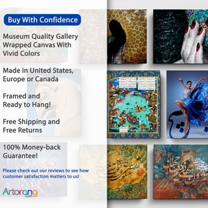 May include: A collage of six framed canvas prints featuring various styles of art, including abstract, calligraphy, and figurative. The prints are all in different colors and styles, and they are all framed in black frames. The text "Buy With Confidence" is visible in the top left corner of the image. The text "Museum Quality Gallery Wrapped Canvas With Vivid Colors" is visible in the top left corner of the image. The text "Made in United States, Europe or Canada" is visible in the top left corner of the image. The text "Framed and Ready to Hang!" is visible in the top left corner of the image. The text "Free Shipping and Free Returns" is visible in the top left corner of the image. The text "100% Money-back Guarantee!" is visible in the top left corner of the image. The text "Please check out our reviews to see how customer satisfaction matters to us!" is visible in the top left corner of the image. The text "Artorang.com" is visible in the bottom left corner of the image.