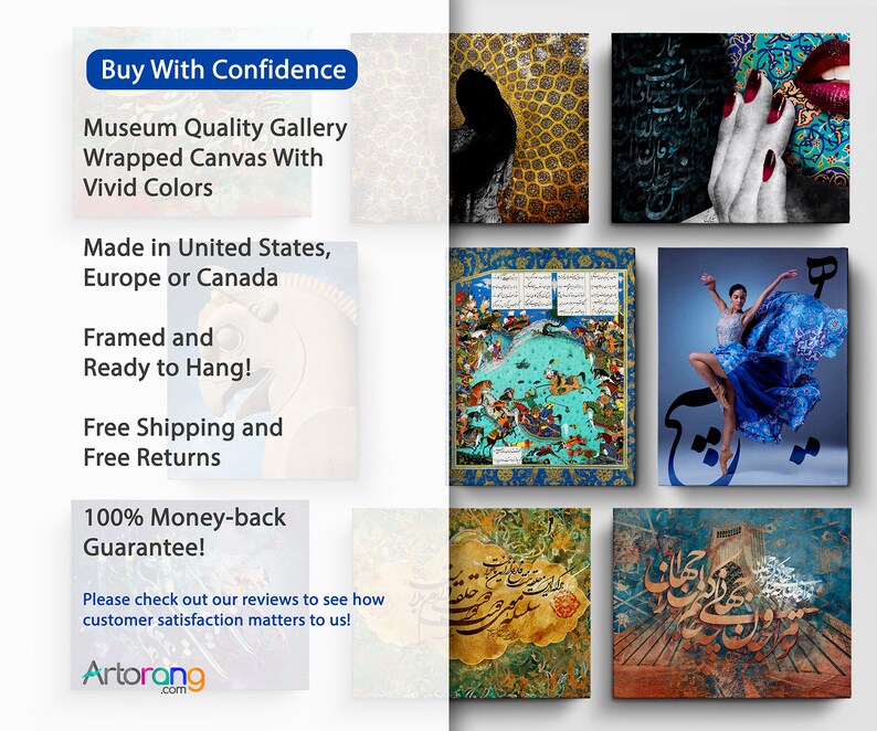 May include: A collage of six framed canvas prints featuring various styles of art, including abstract, calligraphy, and figurative. The prints are all in different colors and styles, and they are all framed in black frames. The text "Buy With Confidence" is visible in the top left corner of the image. The text "Museum Quality Gallery Wrapped Canvas With Vivid Colors" is visible in the top left corner of the image. The text "Made in United States, Europe or Canada" is visible in the top left corner of the image. The text "Framed and Ready to Hang!" is visible in the top left corner of the image. The text "Free Shipping and Free Returns" is visible in the top left corner of the image. The text "100% Money-back Guarantee!" is visible in the top left corner of the image. The text "Please check out our reviews to see how customer satisfaction matters to us!" is visible in the top left corner of the image. The text "Artorang.com" is visible in the bottom left corner of the image.