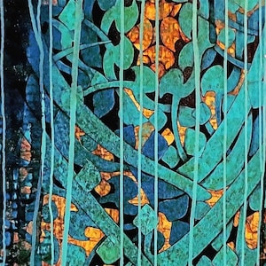 May include: Abstract painting with a blue, green, and gold color scheme. The painting features a series of vertical lines and organic shapes.