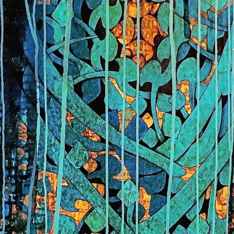 May include: Abstract painting with a blue, green, and gold color scheme. The painting features a series of vertical lines and organic shapes.