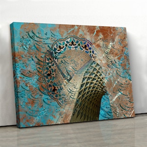 May include: Abstract art print featuring a geometric structure in gold and brown against a blue and brown background with Arabic calligraphy.