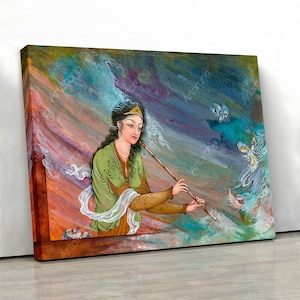 Persian girl playing Ney in heaven, Persian miniature painting print painted by feet | Persian painting | Persian gift | Persian painting