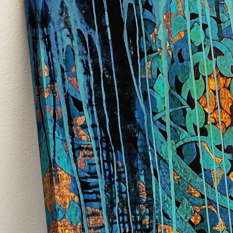 May include: Abstract painting with a blue, green, and black color scheme. The painting features a pattern of overlapping shapes and lines, creating a sense of depth and movement.