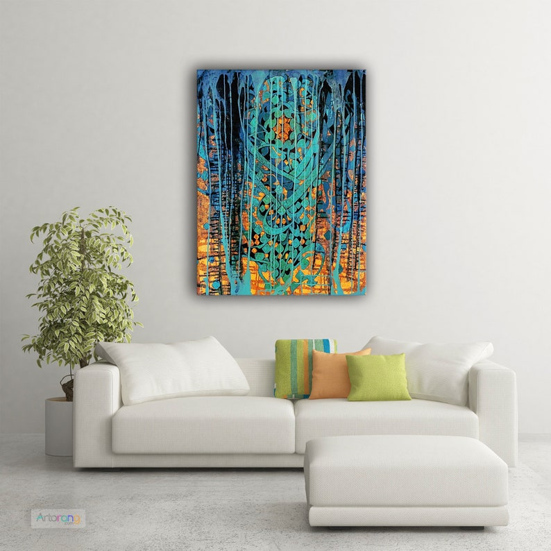 May include: Abstract painting with blue, green, and orange colors. The painting has a textured, dripping effect.