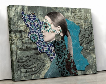May include: A woman with a blue and green patterned mask and a turquoise and black patterned scarf. The background is a collage of Arabic calligraphy and geometric patterns.