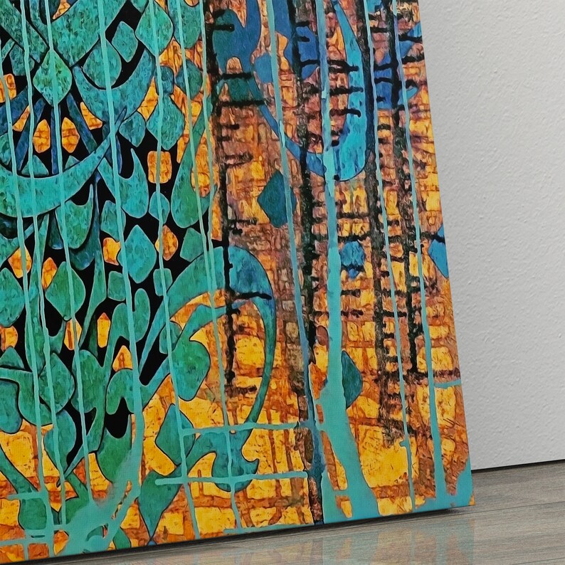 May include: Abstract art print with a teal, blue, and gold color scheme. The print features a repeating pattern of stylized floral designs and geometric shapes.