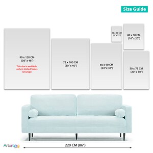May include: Size guide for canvas prints with different dimensions in inches and centimeters. The guide shows a sofa with a measurement of 86 inches or 220 centimeters.