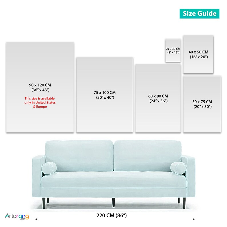 May include: Size guide for canvas prints with different dimensions in inches and centimeters. The guide shows a sofa with a measurement of 86 inches or 220 centimeters.