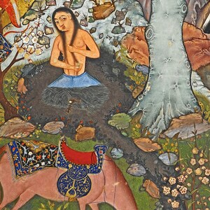 May include: A woman with long dark hair sits in a forest clearing, wearing a blue skirt and a black shawl. She is surrounded by green foliage and flowers. A pink elephant with a blue and gold saddle is in the foreground.
