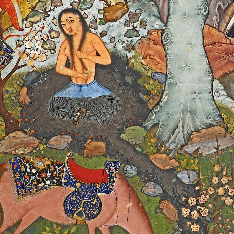 May include: A woman with long dark hair sits in a forest clearing, wearing a blue skirt and a black shawl. She is surrounded by green foliage and flowers. A pink elephant with a blue and gold saddle is in the foreground.