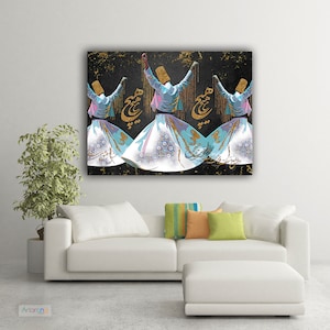 Ancient Sufi dance wall art, Rumi whirling dervishes with calligraphy canvas art Middle Eastern art Persian painting Arabic artTurkish image 2