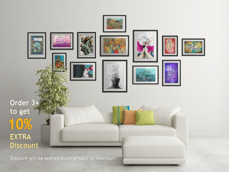 May include: A white couch with pillows in front of a white wall with black framed artwork featuring calligraphy and abstract designs. The text "Order 3+ to get 10% EXTRA Discount" is visible below the artwork.
